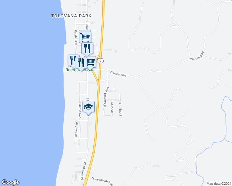 map of restaurants, bars, coffee shops, grocery stores, and more near 355 North Chinook in Cannon Beach