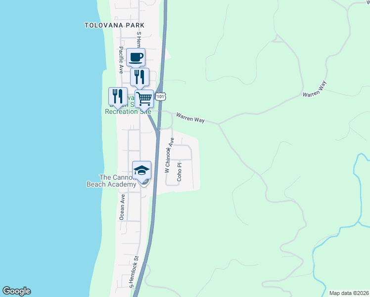 map of restaurants, bars, coffee shops, grocery stores, and more near 355 North Chinook in Cannon Beach