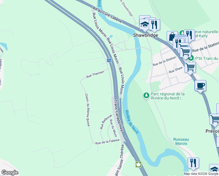 map of restaurants, bars, coffee shops, grocery stores, and more near Montée Sainte-Thérèse in Prévost