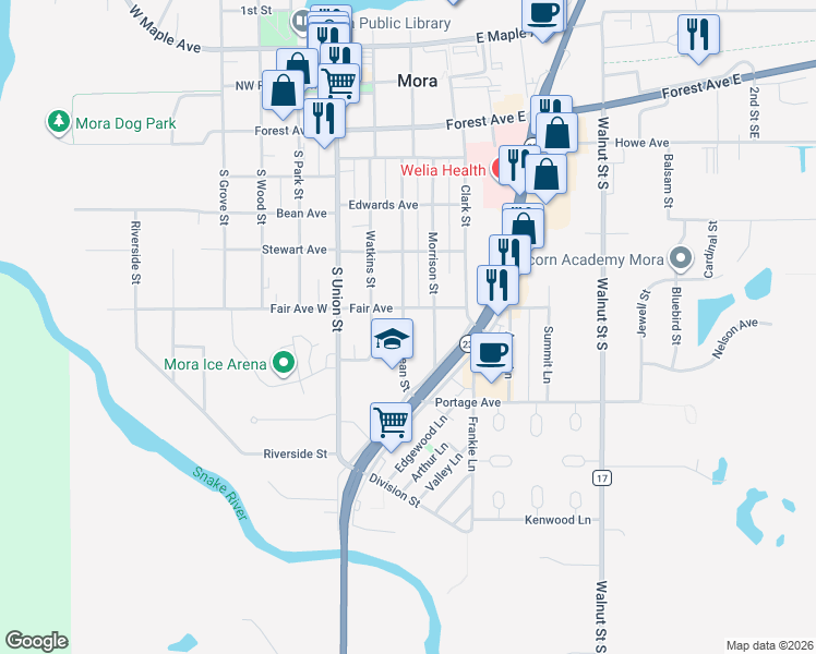 map of restaurants, bars, coffee shops, grocery stores, and more near 608 McLean Street in Mora