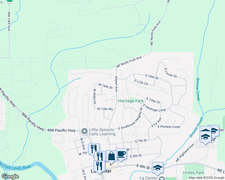map of restaurants, bars, coffee shops, grocery stores, and more near 108 West 16th Street in La Center
