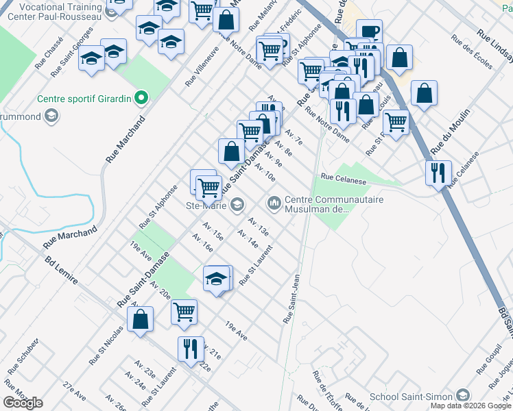 map of restaurants, bars, coffee shops, grocery stores, and more near 143 12e Av in Drummondville