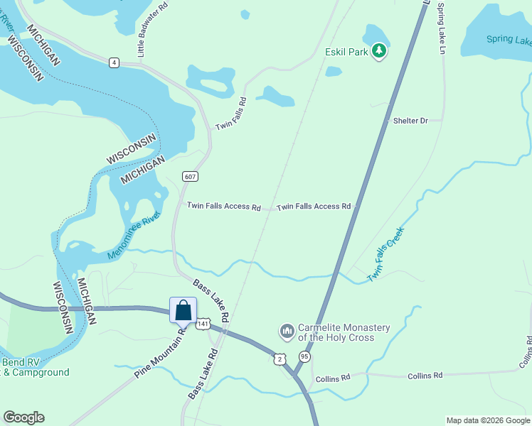 map of restaurants, bars, coffee shops, grocery stores, and more near Twin Falls Access Rd in Iron Mountain