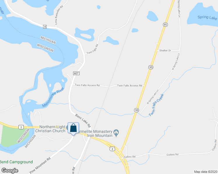 map of restaurants, bars, coffee shops, grocery stores, and more near Twin Falls Access Road in Iron Mountain