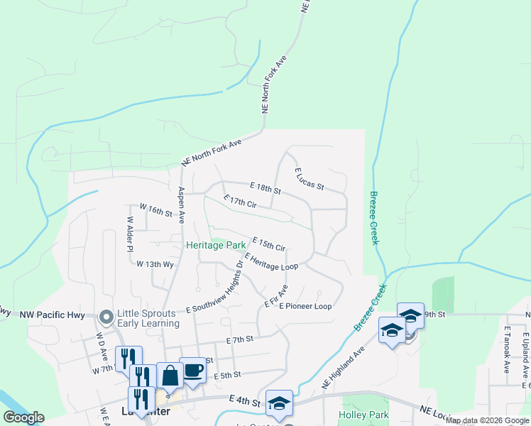 map of restaurants, bars, coffee shops, grocery stores, and more near 680 East 17th Circle in La Center