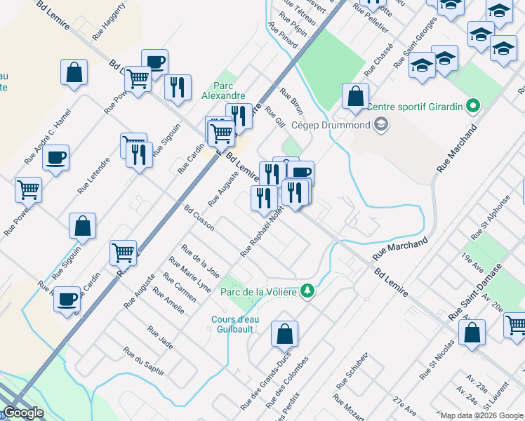 map of restaurants, bars, coffee shops, grocery stores, and more near 41 Place Mackinaw in Drummondville