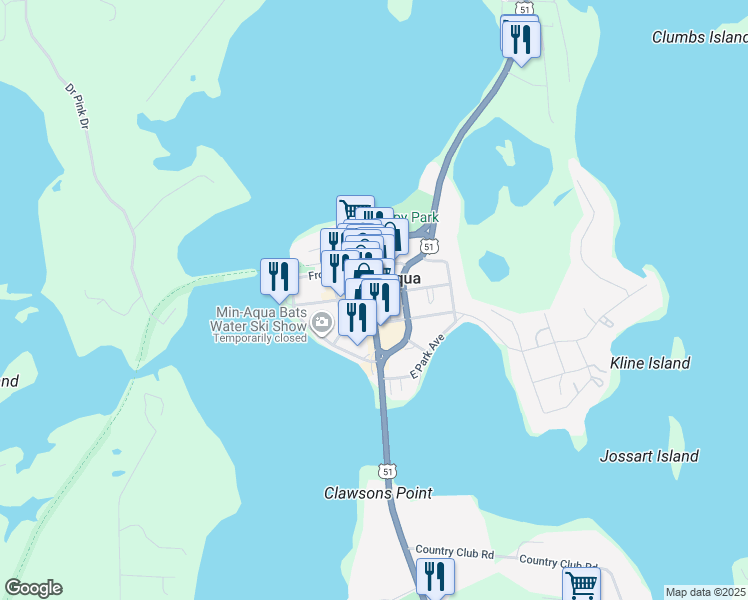 map of restaurants, bars, coffee shops, grocery stores, and more near 415 Chippewa Street in Minocqua