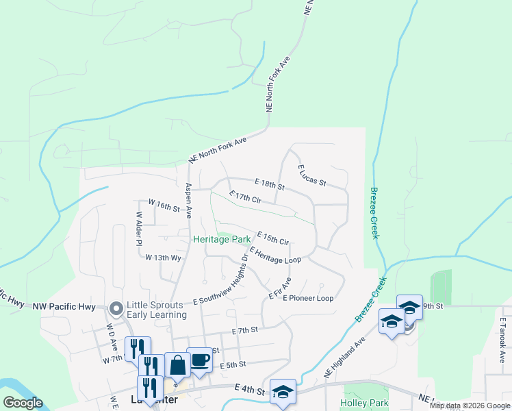 map of restaurants, bars, coffee shops, grocery stores, and more near 680 East 17th Circle in La Center