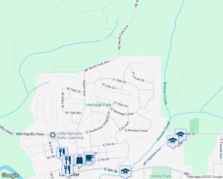 map of restaurants, bars, coffee shops, grocery stores, and more near 606 East 17th Circle in La Center