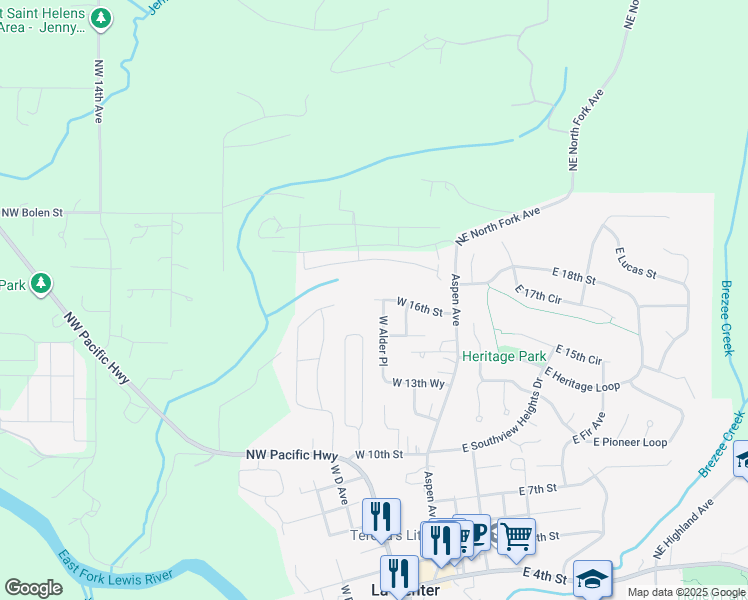 map of restaurants, bars, coffee shops, grocery stores, and more near 201 West 16th Street in La Center