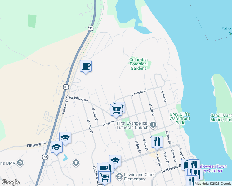 map of restaurants, bars, coffee shops, grocery stores, and more near 455 North 6th Street in St. Helens