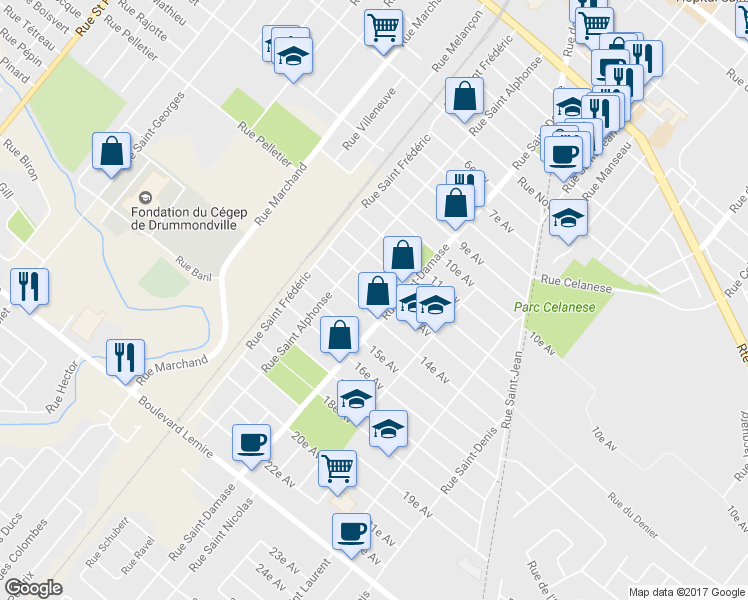 map of restaurants, bars, coffee shops, grocery stores, and more near 62 13e Av in Drummondville