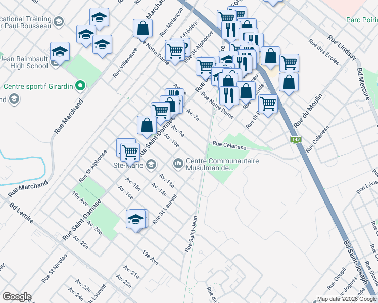 map of restaurants, bars, coffee shops, grocery stores, and more near 131 Avenue 10e in Drummondville