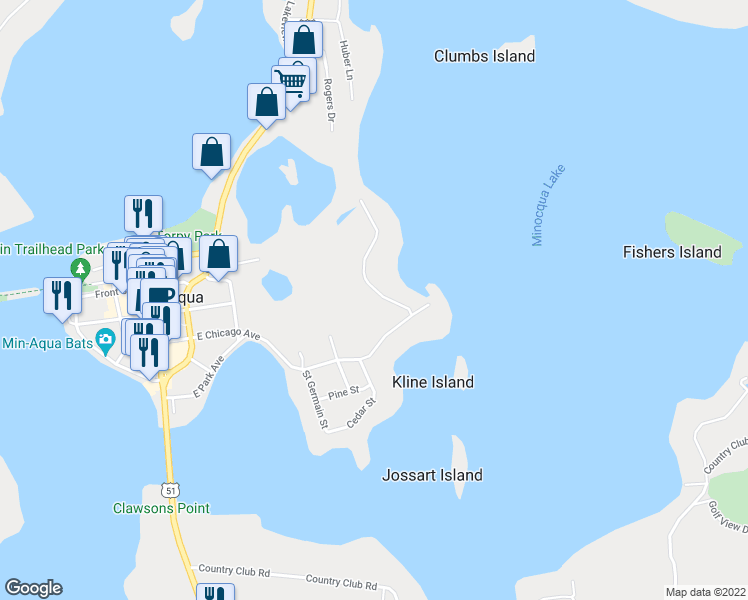 map of restaurants, bars, coffee shops, grocery stores, and more near 915 Cedar Street in Minocqua