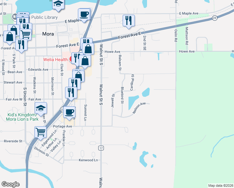 map of restaurants, bars, coffee shops, grocery stores, and more near 524 Jewell Street in Mora