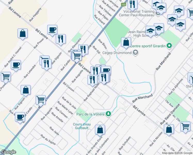 map of restaurants, bars, coffee shops, grocery stores, and more near Boulevard Lemire in Drummondville