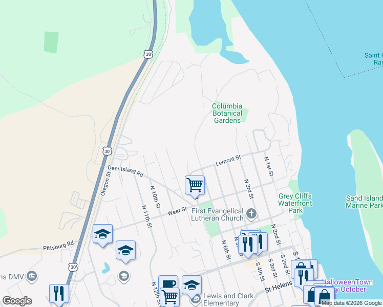 map of restaurants, bars, coffee shops, grocery stores, and more near 455 North 6th Street in St. Helens