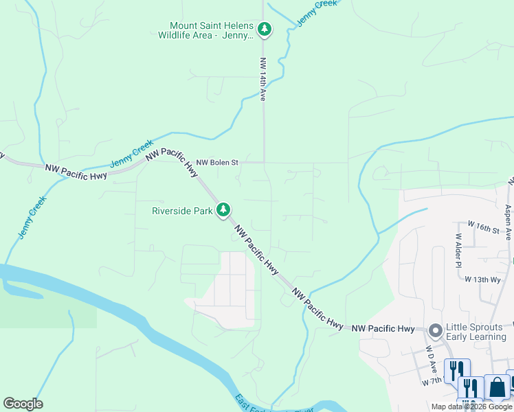 map of restaurants, bars, coffee shops, grocery stores, and more near 34417 Northwest Pacific Highway in La Center