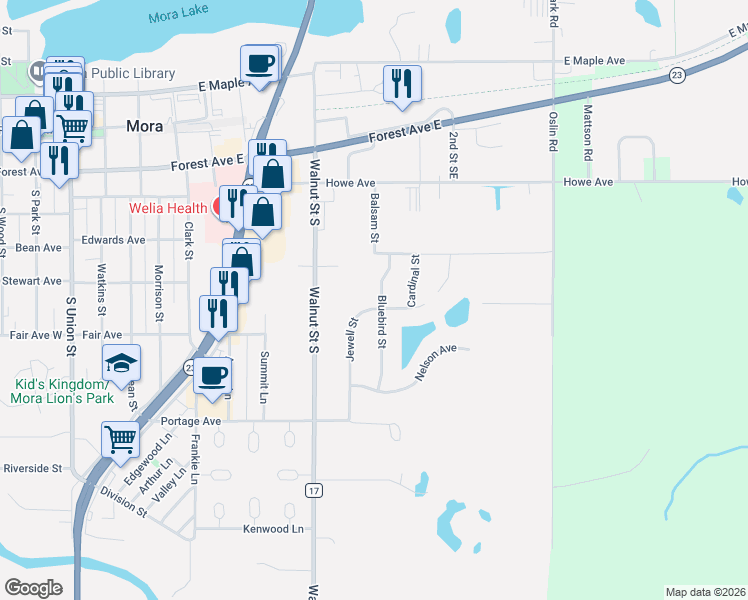 map of restaurants, bars, coffee shops, grocery stores, and more near 524 Jewell Street in Mora