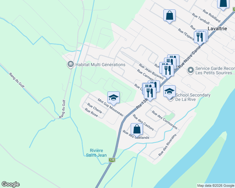 map of restaurants, bars, coffee shops, grocery stores, and more near 640 Rue Georges-Estu in Lavaltrie