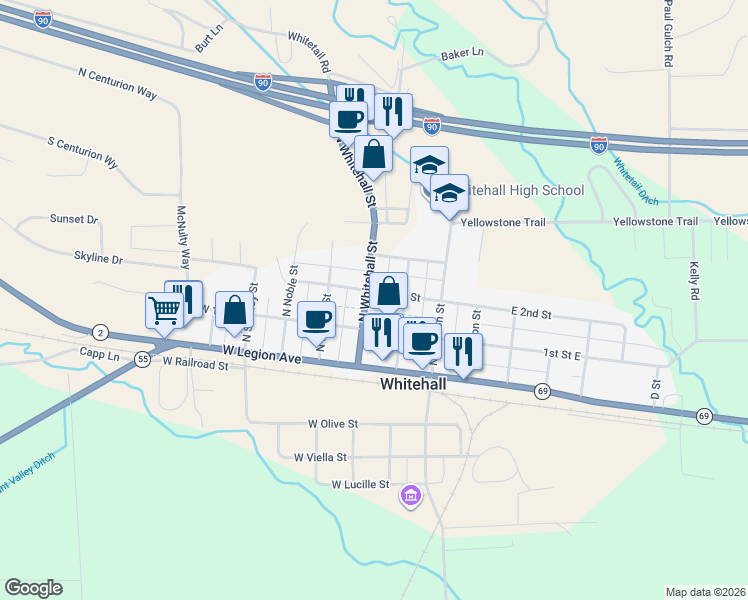 map of restaurants, bars, coffee shops, grocery stores, and more near 105 N Whitehall St in Whitehall
