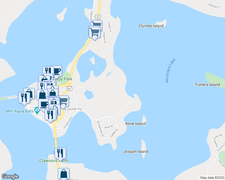 map of restaurants, bars, coffee shops, grocery stores, and more near 927 Cedar Street in Minocqua