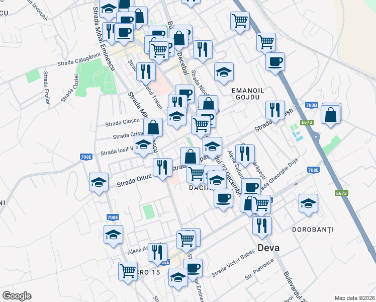 map of restaurants, bars, coffee shops, grocery stores, and more near 21 Strada Liliacului in Deva