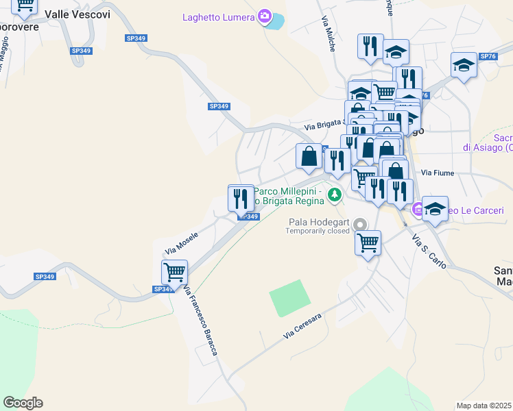 map of restaurants, bars, coffee shops, grocery stores, and more near 50 Via Giuseppe Verdi in Asiago