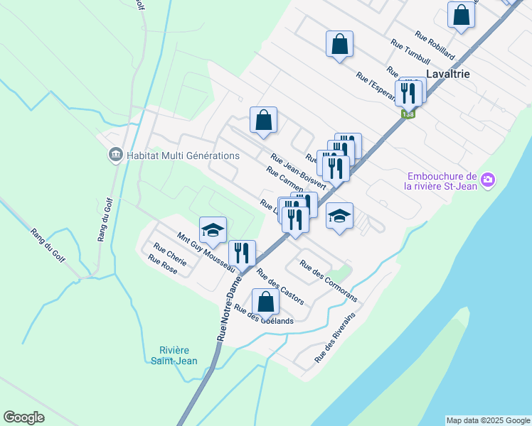 map of restaurants, bars, coffee shops, grocery stores, and more near 131 Rue Levert in Lavaltrie