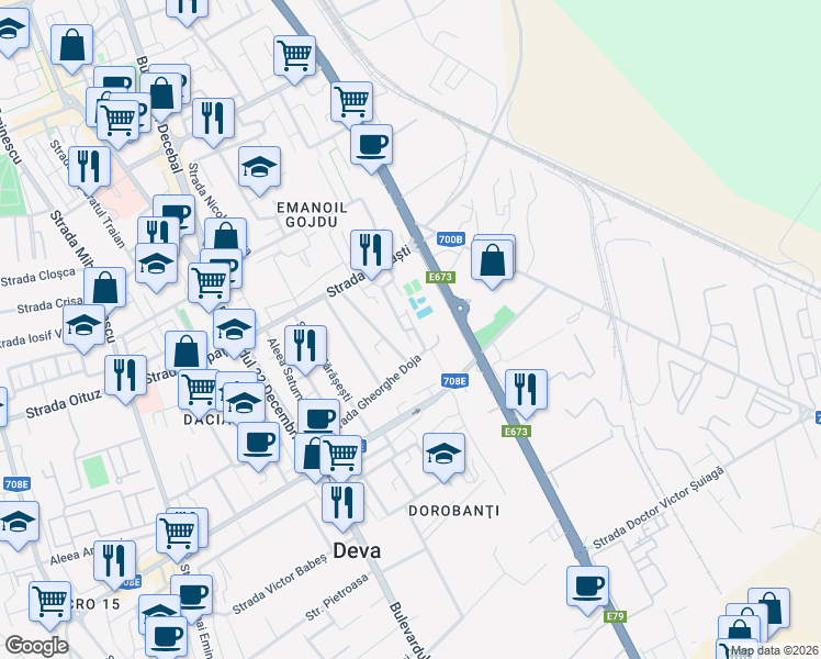 map of restaurants, bars, coffee shops, grocery stores, and more near Aleea Moţilor in Deva