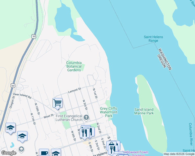 map of restaurants, bars, coffee shops, grocery stores, and more near 454 Grey Cliff Drive in St. Helens