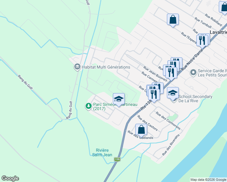 map of restaurants, bars, coffee shops, grocery stores, and more near 471 Rue Georges-Estu in Lavaltrie