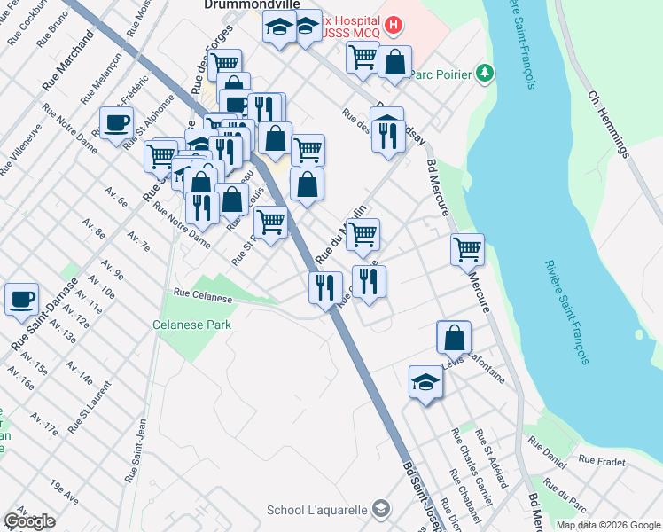 map of restaurants, bars, coffee shops, grocery stores, and more near 613 Rue Scott in Drummondville