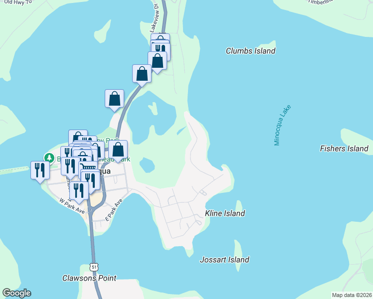 map of restaurants, bars, coffee shops, grocery stores, and more near 935 Cedar Street in Minocqua