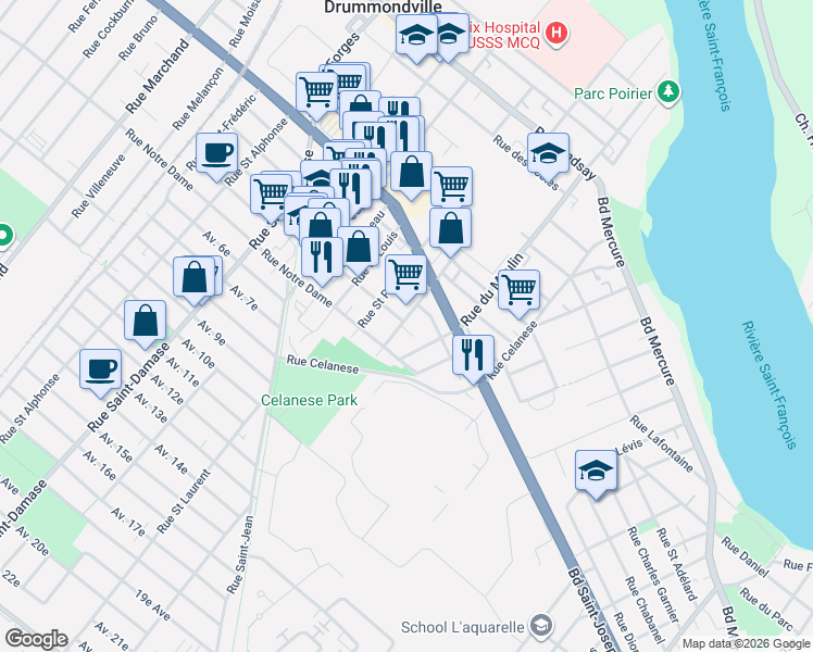 map of restaurants, bars, coffee shops, grocery stores, and more near 170 Rue Saint Damien in Drummondville