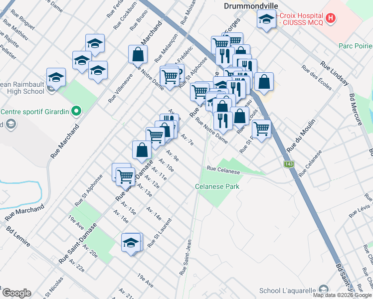 map of restaurants, bars, coffee shops, grocery stores, and more near 105 Avenue 8e in Drummondville