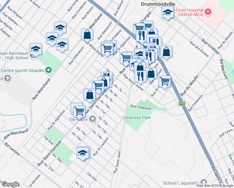 map of restaurants, bars, coffee shops, grocery stores, and more near 107 Avenue 8e in Drummondville