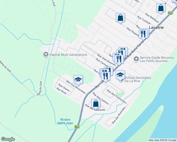 map of restaurants, bars, coffee shops, grocery stores, and more near 140 Rue Georges-Estu in Lavaltrie