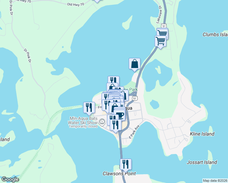 map of restaurants, bars, coffee shops, grocery stores, and more near 238 Lakeshore Drive in Minocqua