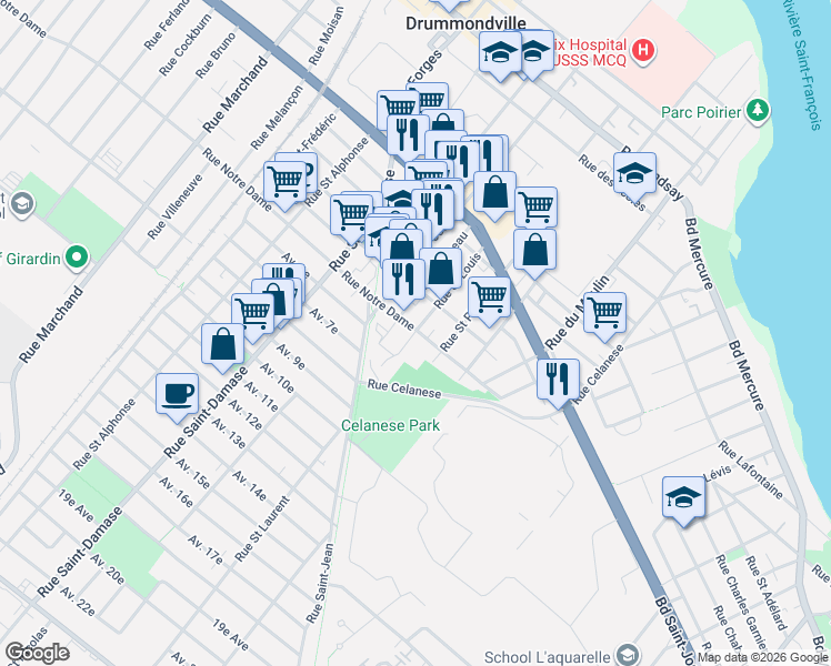 map of restaurants, bars, coffee shops, grocery stores, and more near 191 Rue Saint Louis in Drummondville