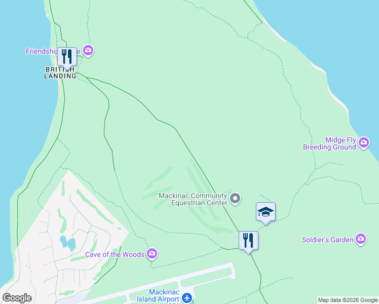 map of restaurants, bars, coffee shops, grocery stores, and more near British Landing Road in Mackinac Island