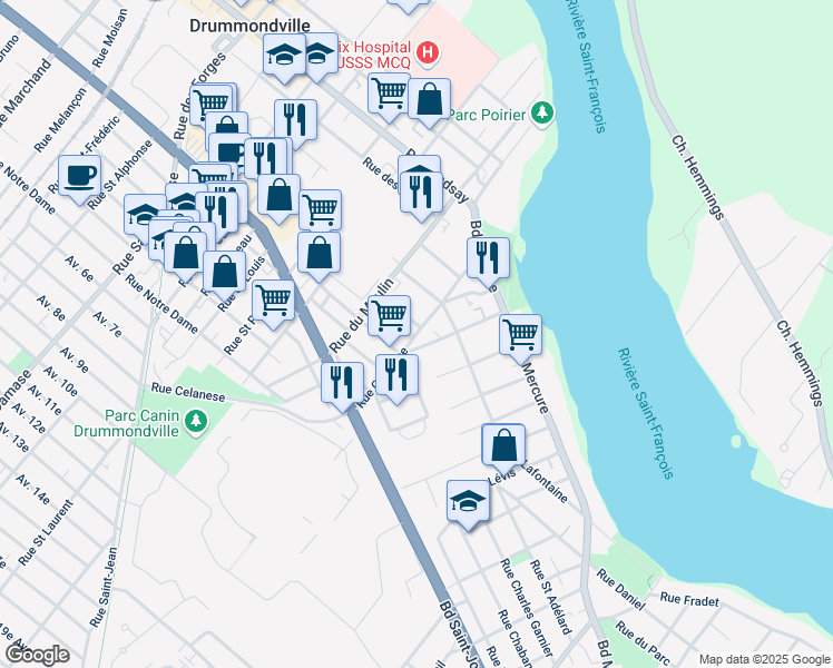 map of restaurants, bars, coffee shops, grocery stores, and more near 355 Rue Celanese in Drummondville