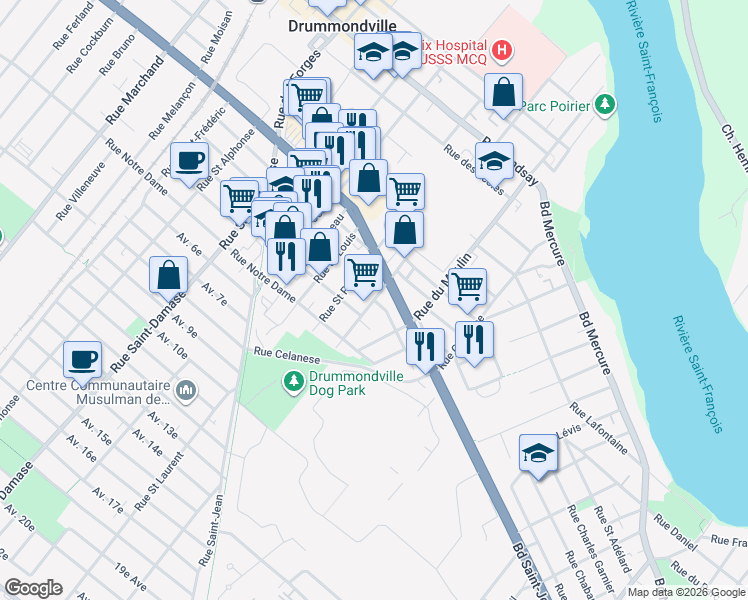 map of restaurants, bars, coffee shops, grocery stores, and more near Rue Saint Damien in Drummondville