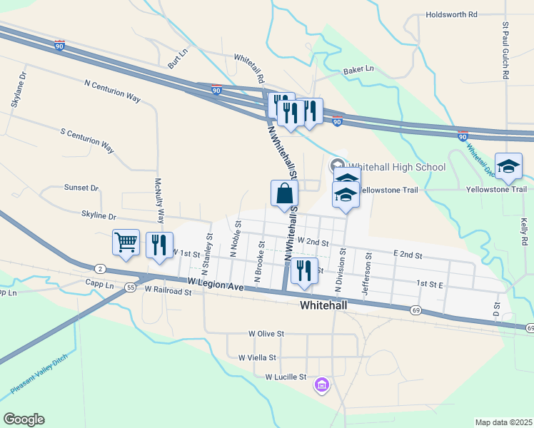 map of restaurants, bars, coffee shops, grocery stores, and more near 306 North Brooke Street in Whitehall