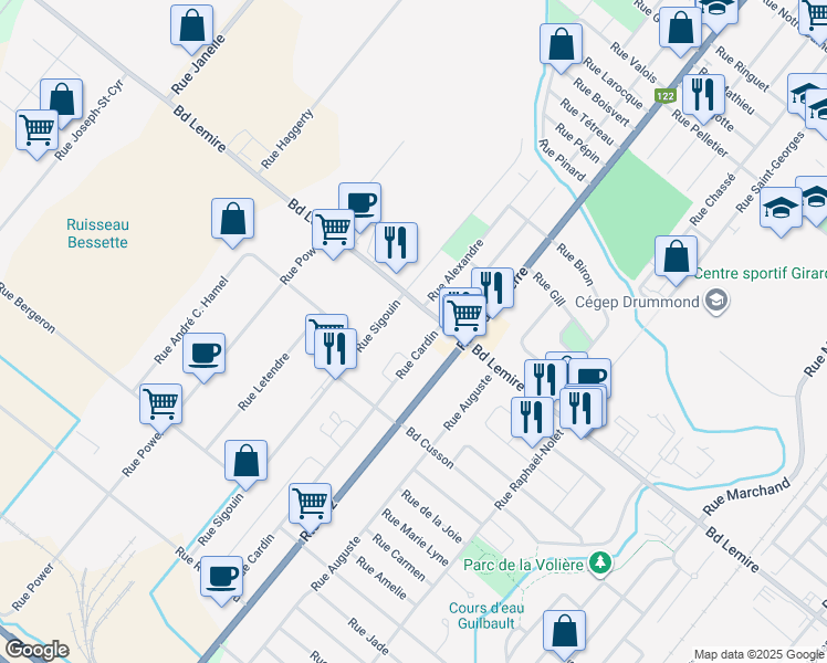 map of restaurants, bars, coffee shops, grocery stores, and more near 1325 Boulevard Lemire in Drummondville