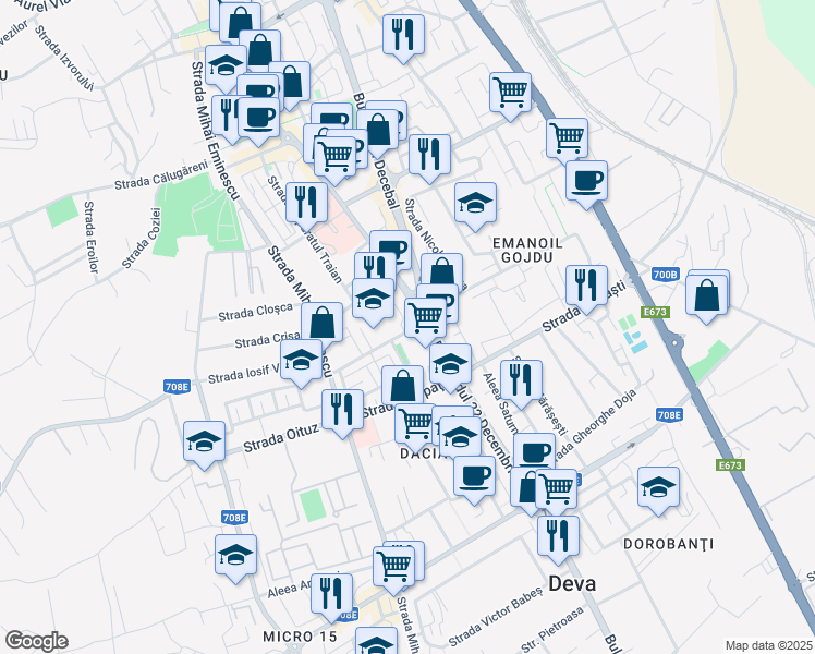 map of restaurants, bars, coffee shops, grocery stores, and more near 21 Strada Liliacului in Deva