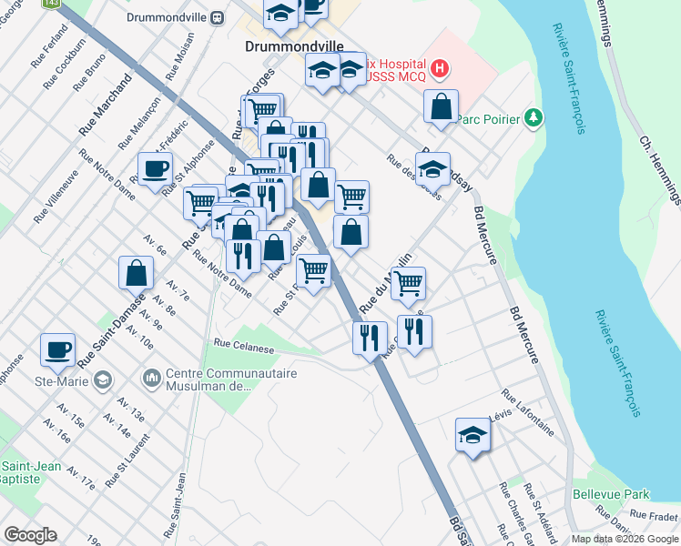map of restaurants, bars, coffee shops, grocery stores, and more near 94 Rue Saint Damien in Drummondville