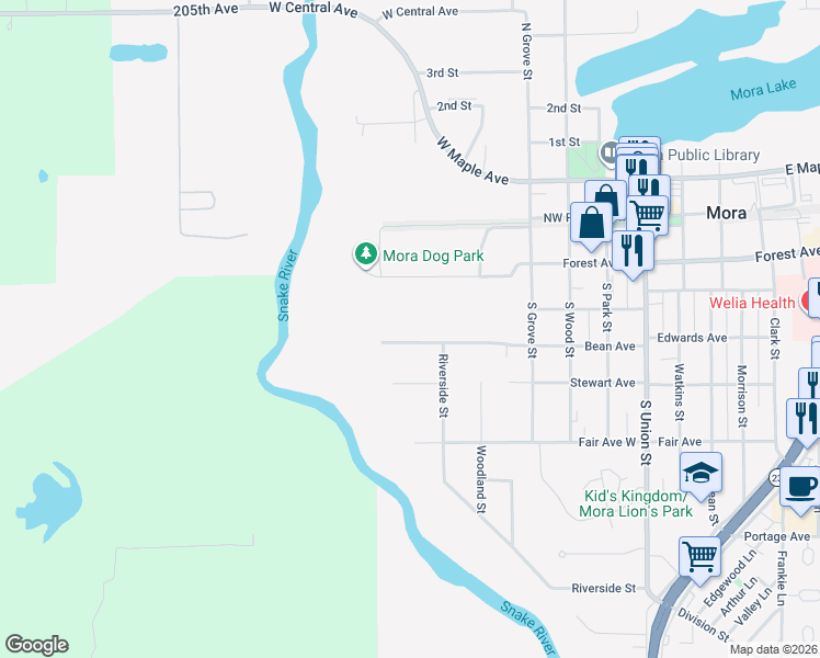 map of restaurants, bars, coffee shops, grocery stores, and more near 615 Bean Avenue in Mora