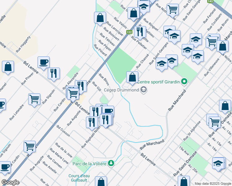 map of restaurants, bars, coffee shops, grocery stores, and more near 123 Rue Biron in Drummondville