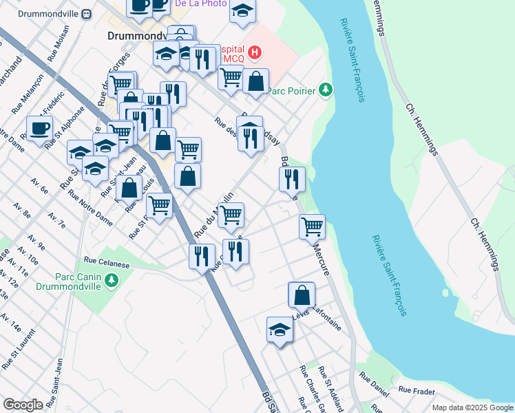 map of restaurants, bars, coffee shops, grocery stores, and more near 305 Rue Celanese in Drummondville